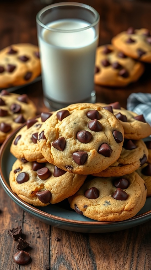 A plate of warm, gooey chocolate chip cookies with a glass of milk on a rustic table.